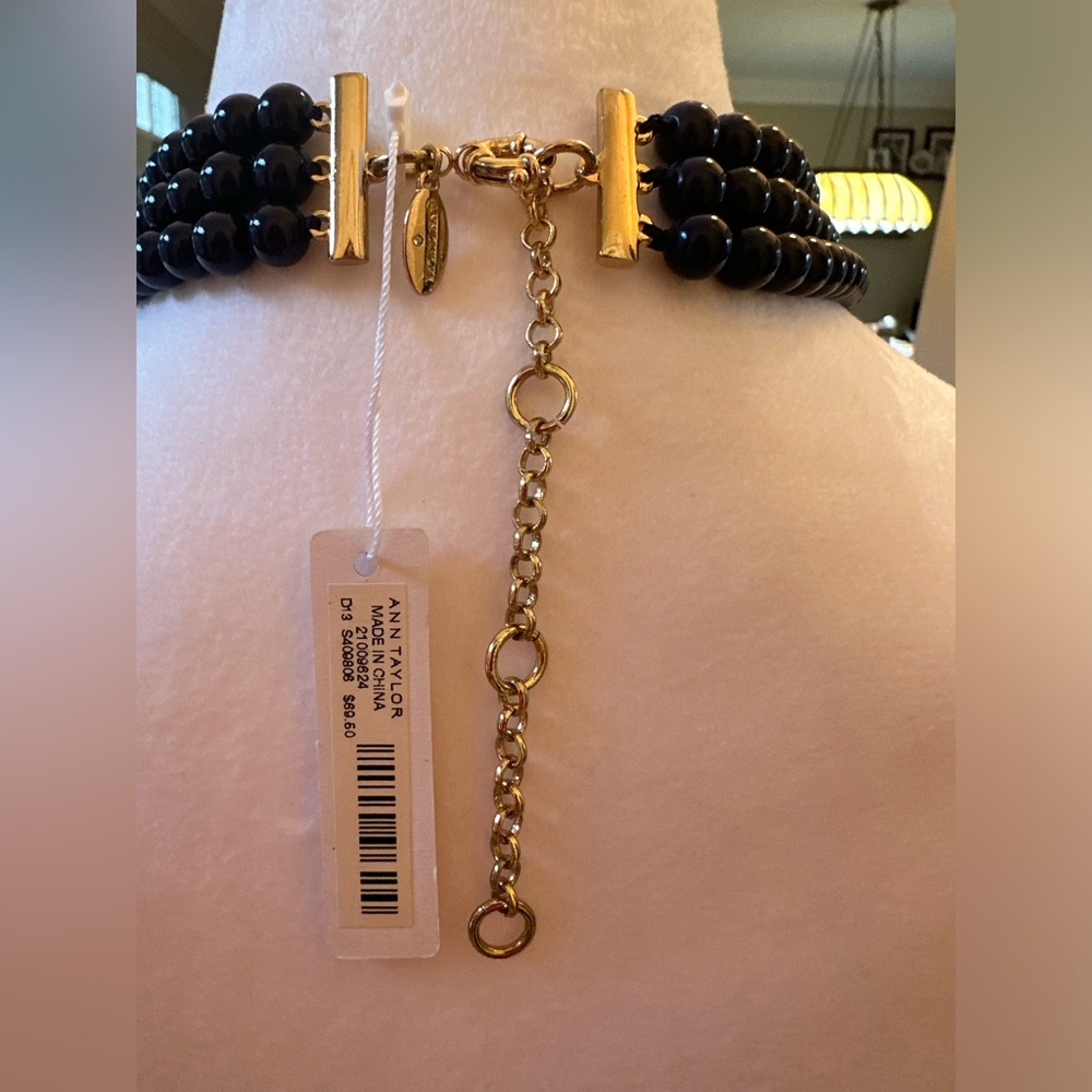NWT Elegant 3-Strand Ann Taylor Navy Blue and Gold Beaded Necklace - Picture 2 of 7